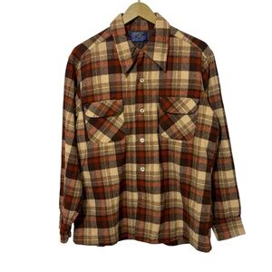 Vintage Pendleton Men’s Large Wool Beige Brown Plaid Beach Boys Style Button Up